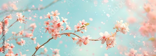 Cherry blossoms against a pastel blue sky background