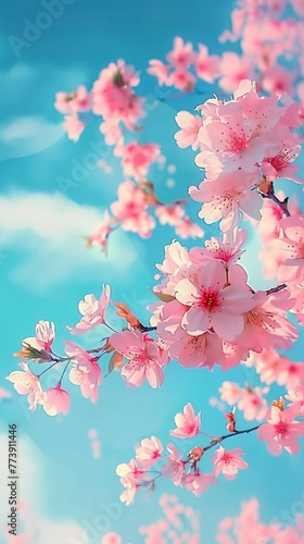 Cherry blossoms against a pastel blue sky background