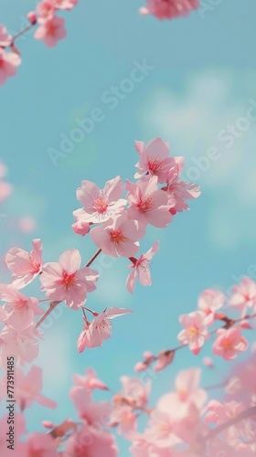 Cherry blossoms against a pastel blue sky background