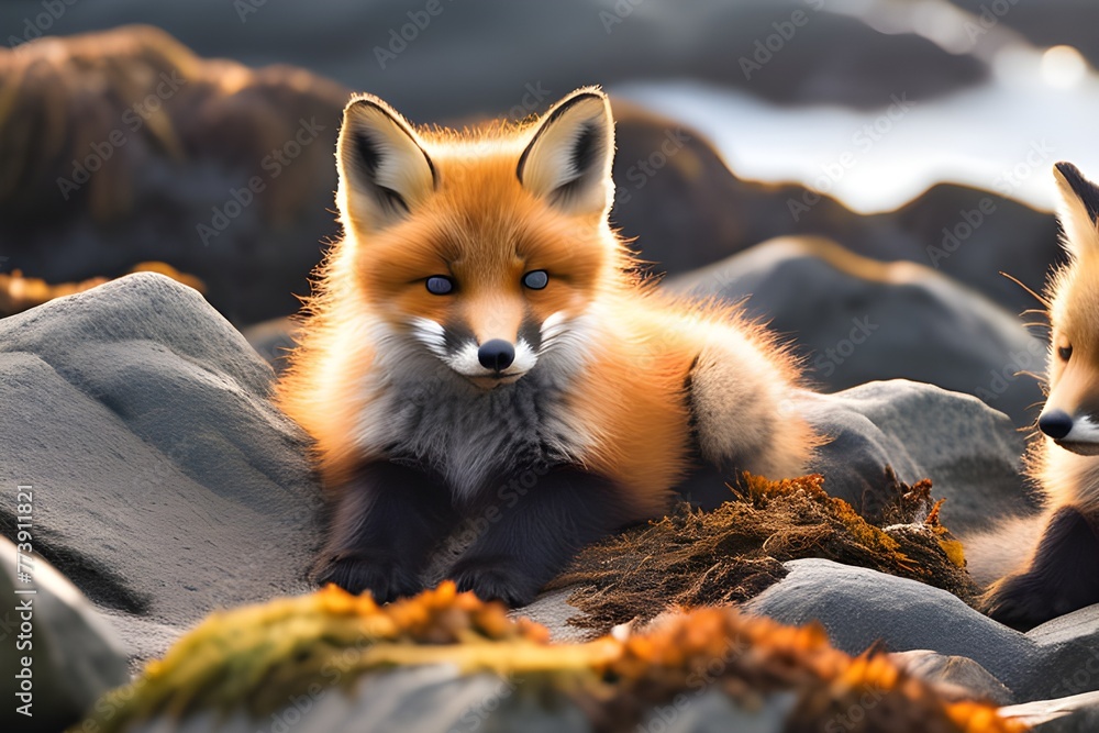 Obraz premium Two foxes sitting on rocks by the ocean, enjoying the serene view and basking in the sunlight.
