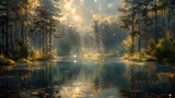  A pristine forest and tranquil pond, where the interplay of light and shadow creates a captivating tableau of beauty and serenity