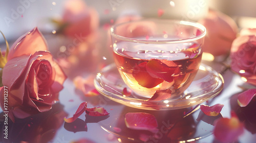 Soft focus capturing the ethereal beauty of rose petals floating in tea.