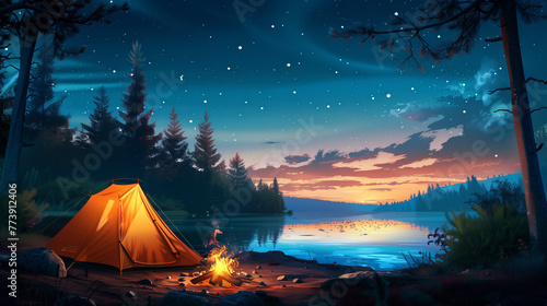 Cozy Camping Tent Illuminated at Twilight, Serene Mountain Lake © Svetlana