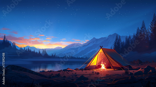 Cozy Camping Tent Illuminated at Twilight, Serene Mountain Lake