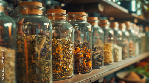 Close-up shots of jars filled with dried herbs, roots, and botanical extracts in a traditional herbalist's apothecary.