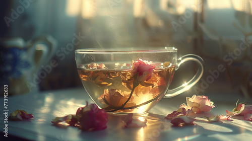 Sunlight filtering through a transparent teacup filled with fragrant rose tea.