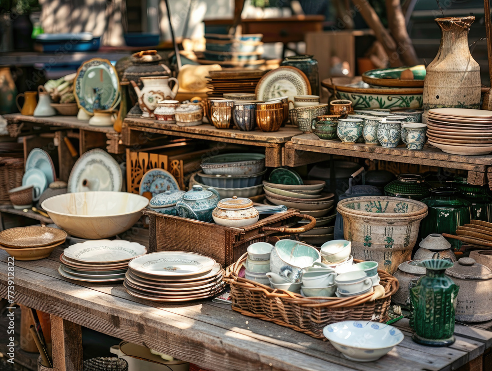 Assortment of vintage household items displayed at a flea market or thrift store. Second-hand treasures showcasing a sustainable and zero-waste lifestyle. A variety of old objects available
