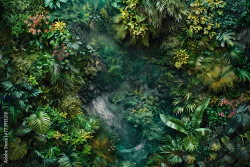 A lush forest canopy. the dense greenery unfolds in layers of texture and color. Generative AI