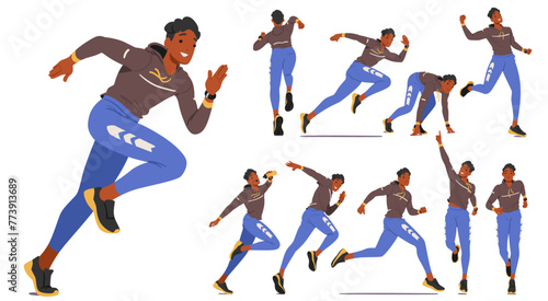 Set of Young Man Runner Athlete Character Displays Fluidity, Determination, And Strength In His Dynamic Poses
