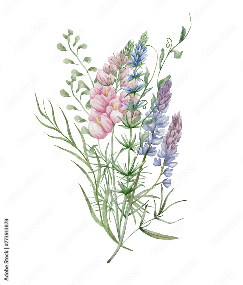 Obraz premium Watercolor wildflowers bouquet. Botanical arrangement of wild flowers and herbs. Summer floral composition