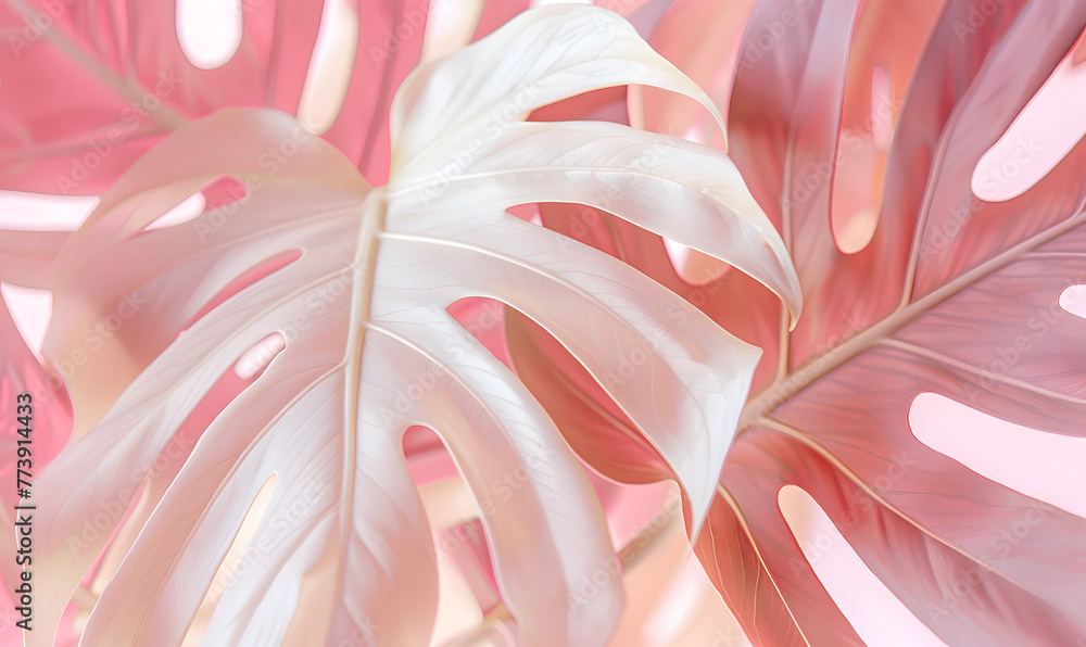 Detailed close-up of white and pink monstera leaves showing intricate patterns,  Generative AI 