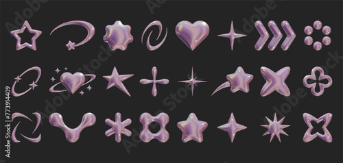 Set of Y2k geometric 3D render holographic shapes trendy retro futuristic design elements, infographic shapes. Modern concept with symbols and objects, star, heart Vector illustration for UI and UX