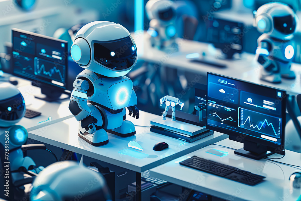AI robots with screens displaying real time data analysis and learning big data in the world. AI robots with screens displaying real time data analysis and learning big data in the world.