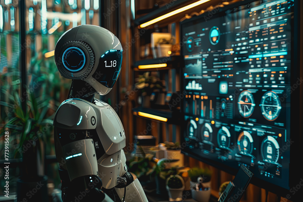 AI robots with screens displaying real time data analysis and learning big data in the world. AI robots with screens displaying real time data analysis and learning big data in the world.