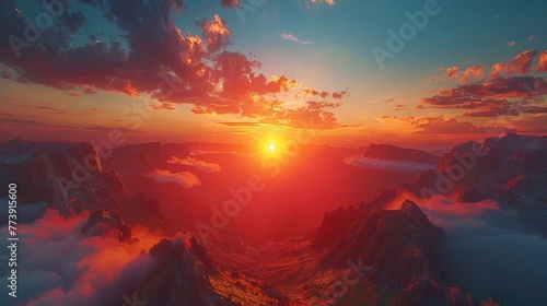 Epic Mountain Sunset: A breathtaking landscape shot capturing the vibrant hues of a sunset over towering mountain peaks, evoking a sense of adventure. 