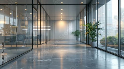 Long Hallway With Glass Walls and Potted Plant