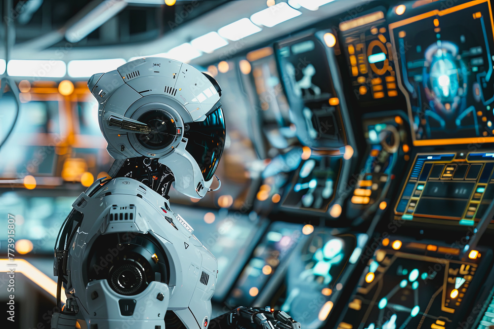 AI robots with screens displaying real time data analysis and learning big data in the world. AI robots with screens displaying real time data analysis and learning big data in the world.
