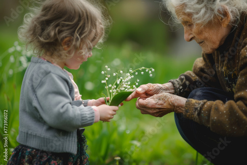 enfant offrant un brin de muguet en fleurs à sa grand-mère à l'occasion de la fête du 1er mai photo