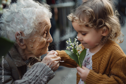 enfant offrant un brin de muguet en fleurs à sa grand-mère à l'occasion de la fête du 1er mai photo