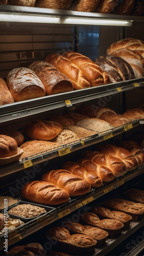 Different bread types on supermarket shelves.