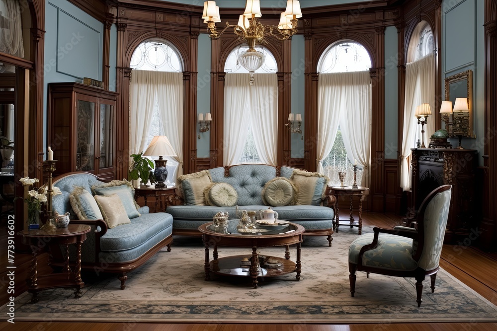 Vintage Victorian Formal Seating Arrangement in a Structured Elegance Living Room