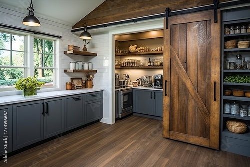 Rustic Shelves & Sliding Barn Door: Farmhouse-Inspired Spacious Kitchen & Large Pantry