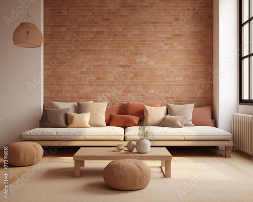 Modern living room interior with brick wall sofa coffee table rug and poufs in warm colors 3d render