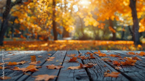 Wooden Table Covered With Leaves