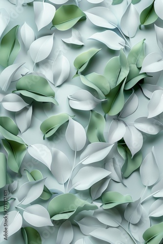 Layered green and white paper leaves on soft blue backdrop