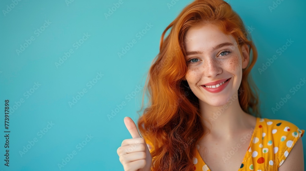Beautiful young woman in a yellow dress before a solid blue colored background. She is in the side of the image and and show a thumb up with her hand. Beautiful young woman in a yellow dress before a solid blue colored background. She is in the side of the image and and show a thumb up with her hand.