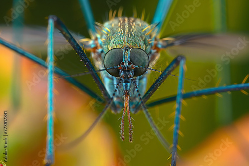A close up of a mosquito head with a green body. The mosquito has a long, thin mouth and a pair of long, thin antennae. Small mosquito close-up © Nataliia_Trushchenko