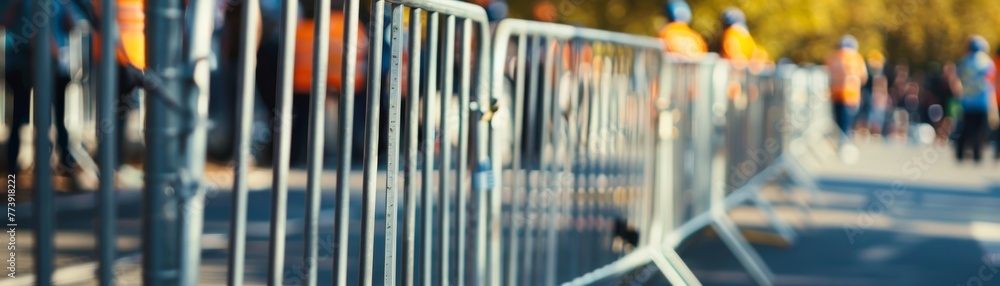 Detailed view of outdoor event barricades with vigilant security personnel in the background, emphasizing paramount safety measures. - obrazy, fototapety, plakaty 