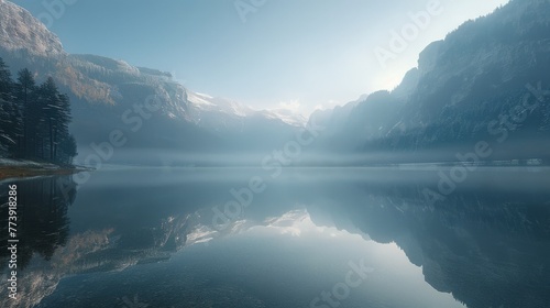 Pristine Lake Surrounded by Mountains and Trees © ArtCookStudio