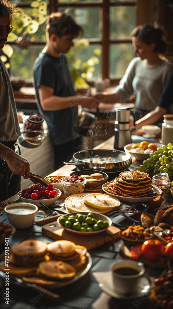  kitchen scene with parent and children are flipping pancakes, making a coffee, ai