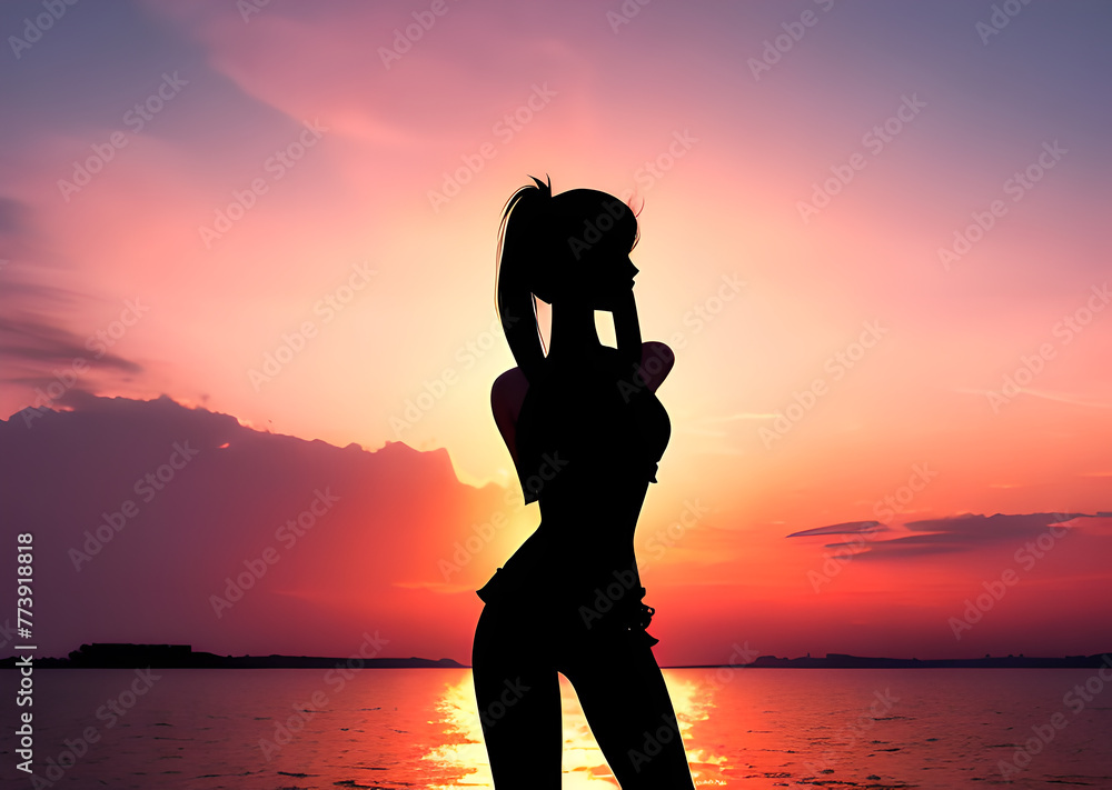 Girl against the backdrop of a red sunset,silhouette of a woman on the beach against the backdrop of a beautiful sun,Generative AI