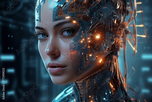Advanced AI Symbolism: Female Humanoid with Intricate Neural Network, Blue Eyes, on Black Background. AI generated © Johnovich