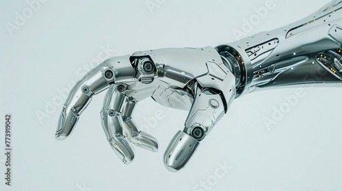 Modern AI technology showcased in a steel bionic arm, pointing gesture, isolated on white, room for copy,