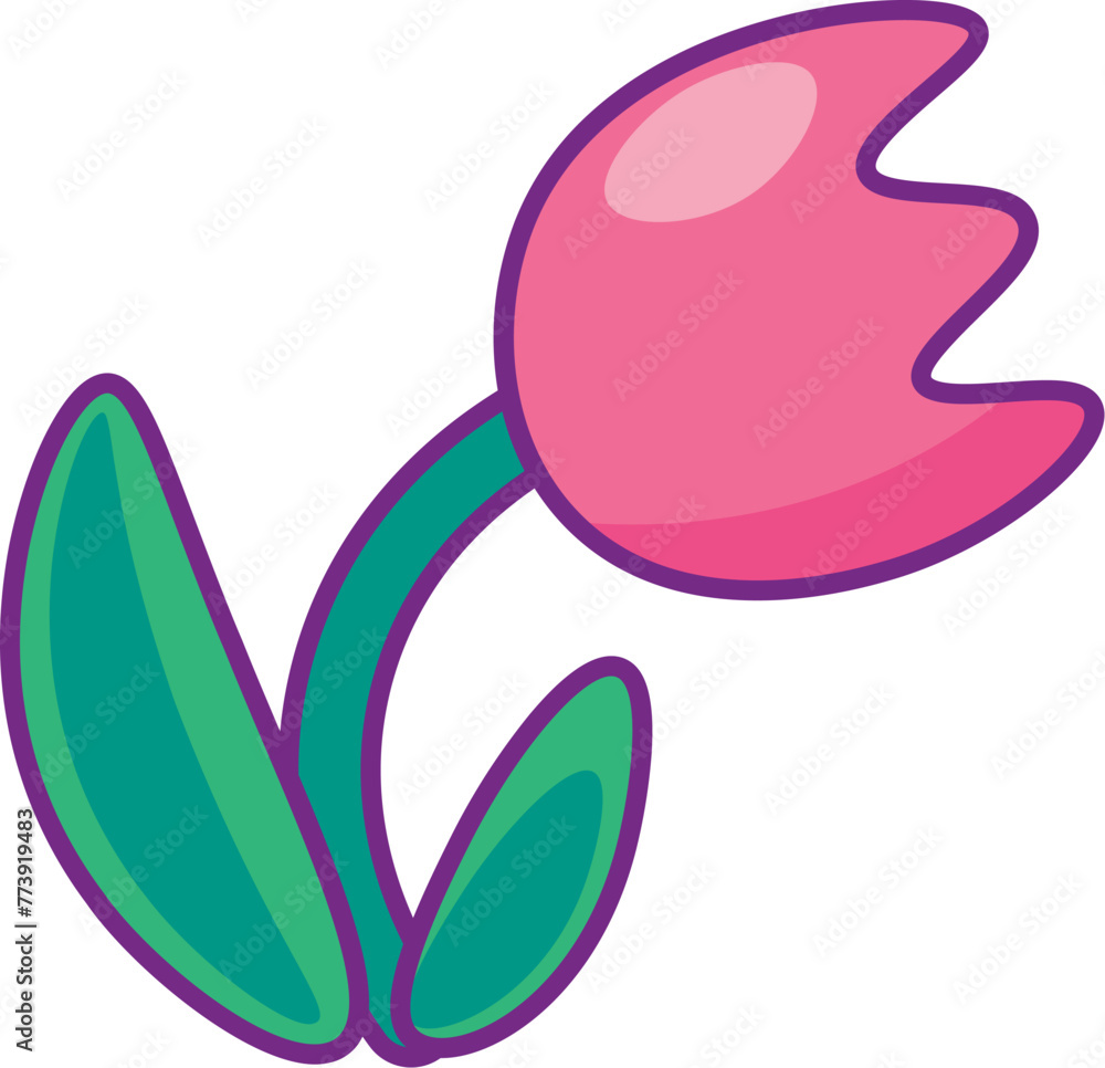 Blooming red tulip. Bright minimalistic illustration for design of festive Easter banner. Cartoon vector element in thin stroke isolated on white background