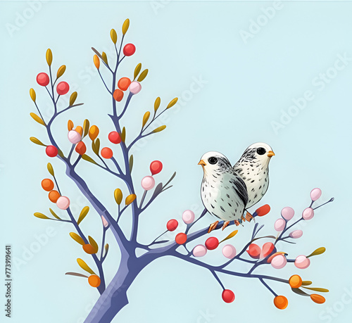 A painting of birds in a tree with leaves. 