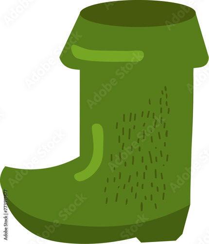 High green boot with curved toe. Holiday costume accessory, shoes leprechaun gnomes, Happy Patrick party element. Simple cartoon vector isolated on white background