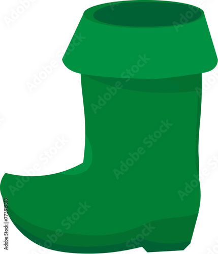 High green boot with curved toe. Holiday costume accessory, shoes leprechaun gnomes, Happy Patrick party element. Simple cartoon vector isolated on white background