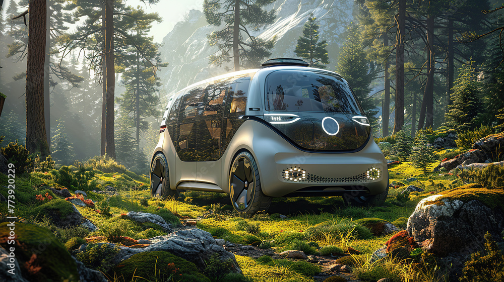 Fototapeta premium Sustainable Innovation: Sleek Electric Vehicle Seamlessly Navigates Enchanted Forest.