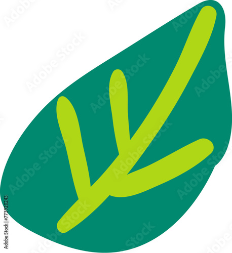 Green young leaf drawn by child. Bright childish careless illustration for design of festive spring banner. Flat hand drawn vector element isolated on white background