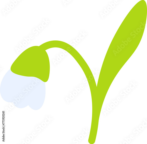 First spring snowdrop flower blooming. Bright childish careless illustration for design of festive spring banner. Flat hand drawn vector element isolated on white background