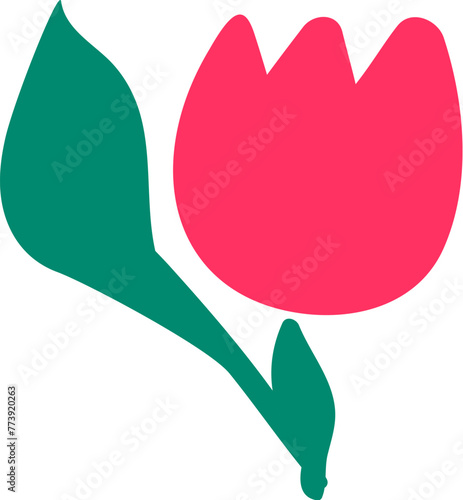Red blooming tulip drawn by child. Bright childish careless illustration for design of festive spring banner. Flat hand drawn vector element isolated on white background