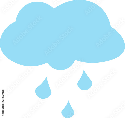 Warm spring rain pours from light blue cloud. Bright childish careless illustration for design of festive spring banner. Flat hand drawn vector element isolated on white background