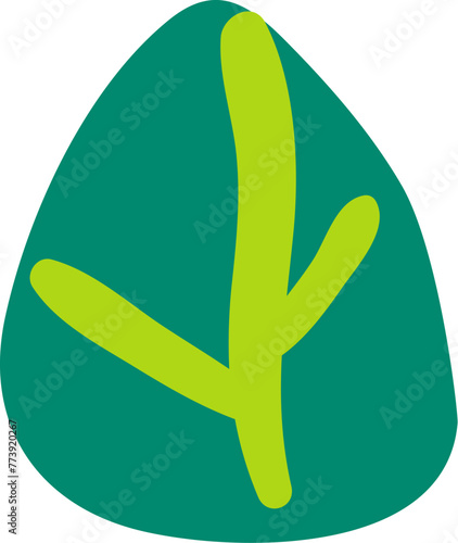 Green young leaf drawn by child. Bright childish careless illustration for design of festive spring banner. Flat hand drawn vector element isolated on white background