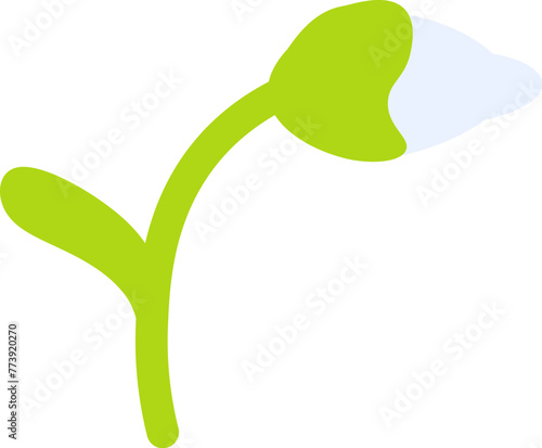 Bud and young leaves of first snowdrop. Bright childish careless illustration for design of festive spring banner. Flat hand drawn vector element isolated on white background
