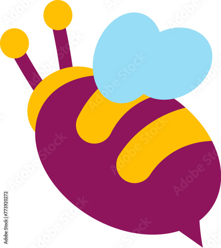 Striped bee flying on summer business. Bright childish careless illustration for design of festive spring banner. Flat hand drawn vector element isolated on white background