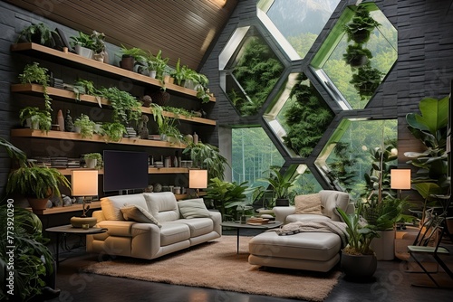 Energy-Saving Appliance Paradise  Futuristic Biophilic Living Room Ideas with Plant Walls